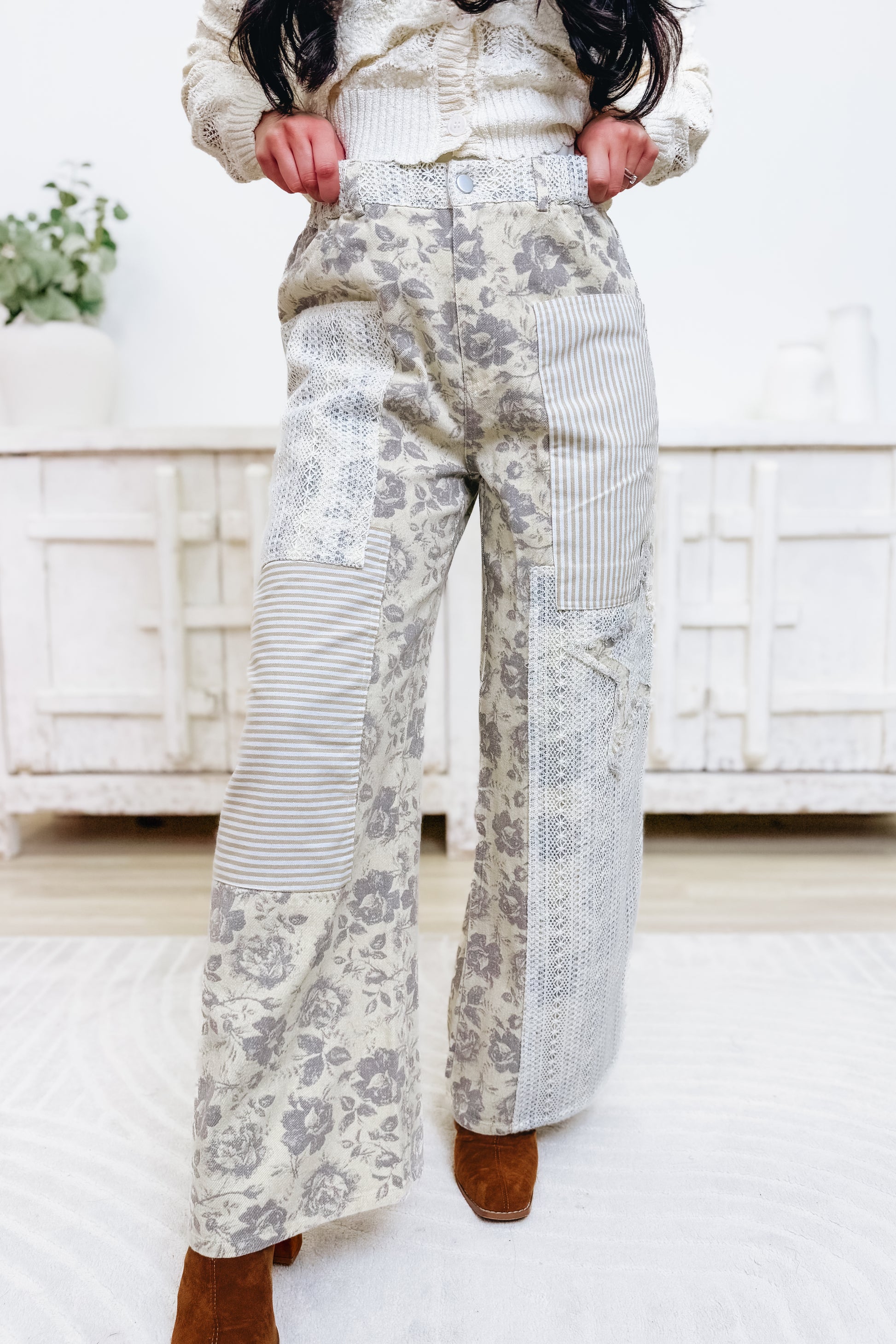 Sunday Tea Patch Floral Wide Leg Pants - Natural Dark Grey