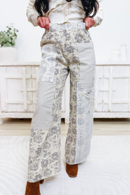 Sunday Tea Patch Floral Wide Leg Pants - Natural Dark Grey