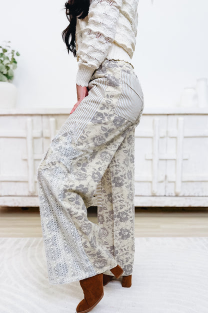 Sunday Tea Patch Floral Wide Leg Pants - Natural Dark Grey