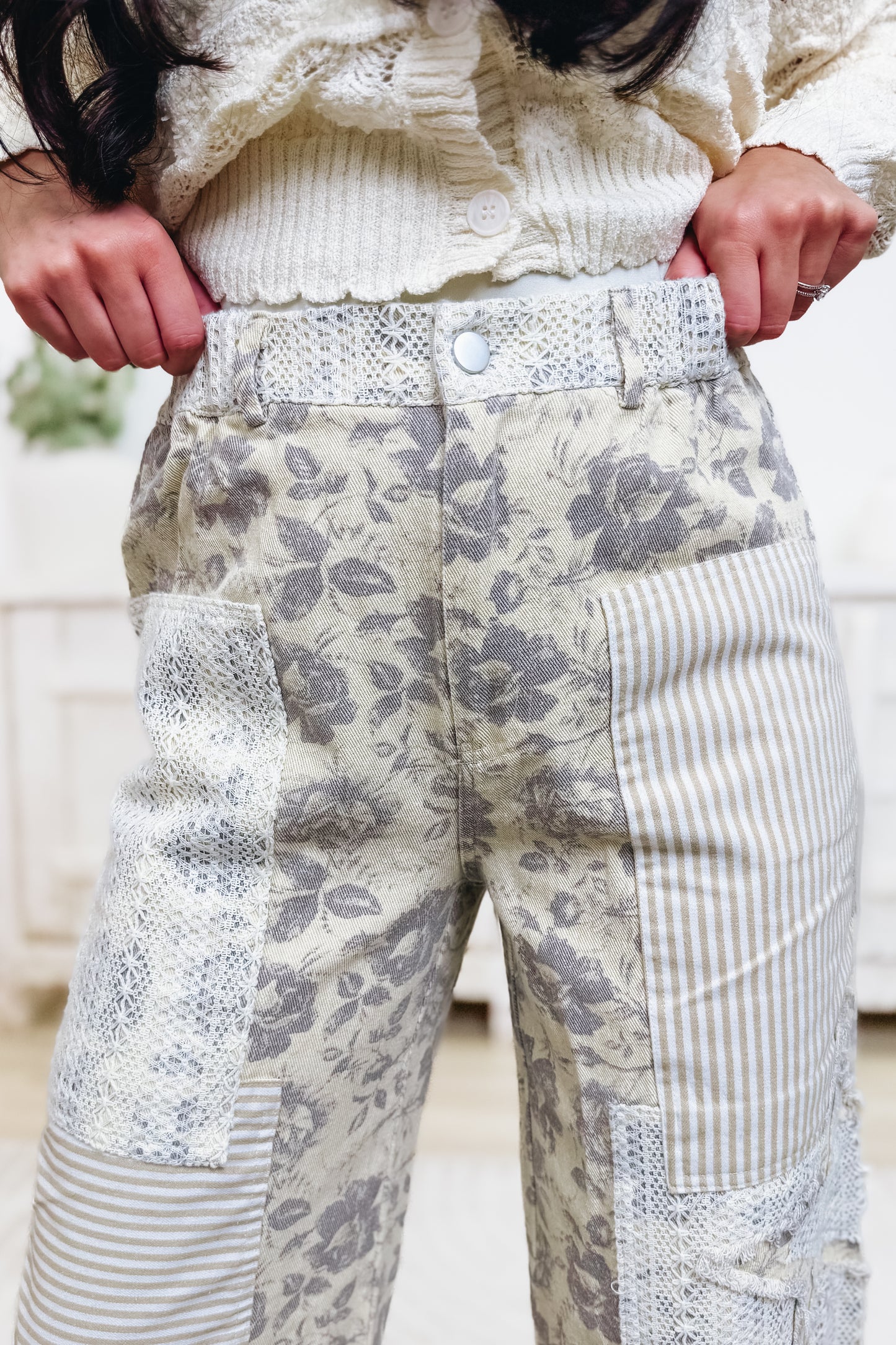 Sunday Tea Patch Floral Wide Leg Pants - Natural Dark Grey