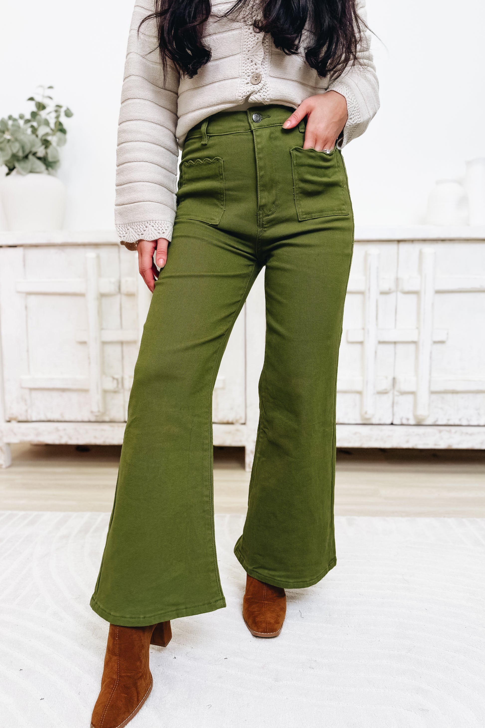 Sunshine State Denim Flare Pants - Olive