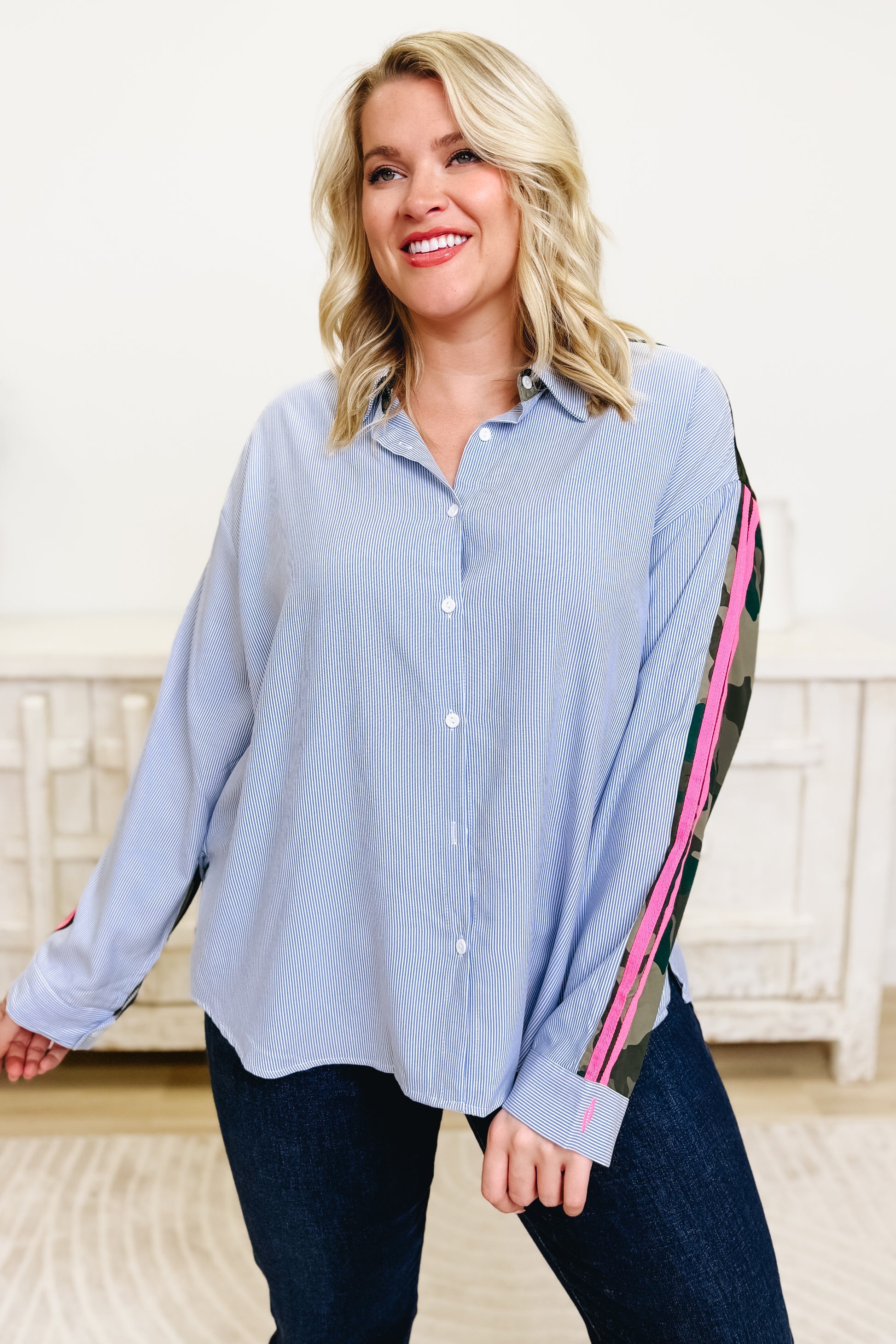 Undercover Vibes Pin Stripe Camo Button Down Top