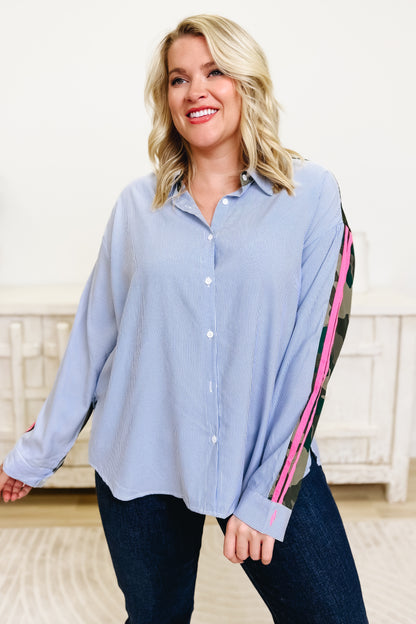 Undercover Vibes Pin Stripe Camo Button Down Top