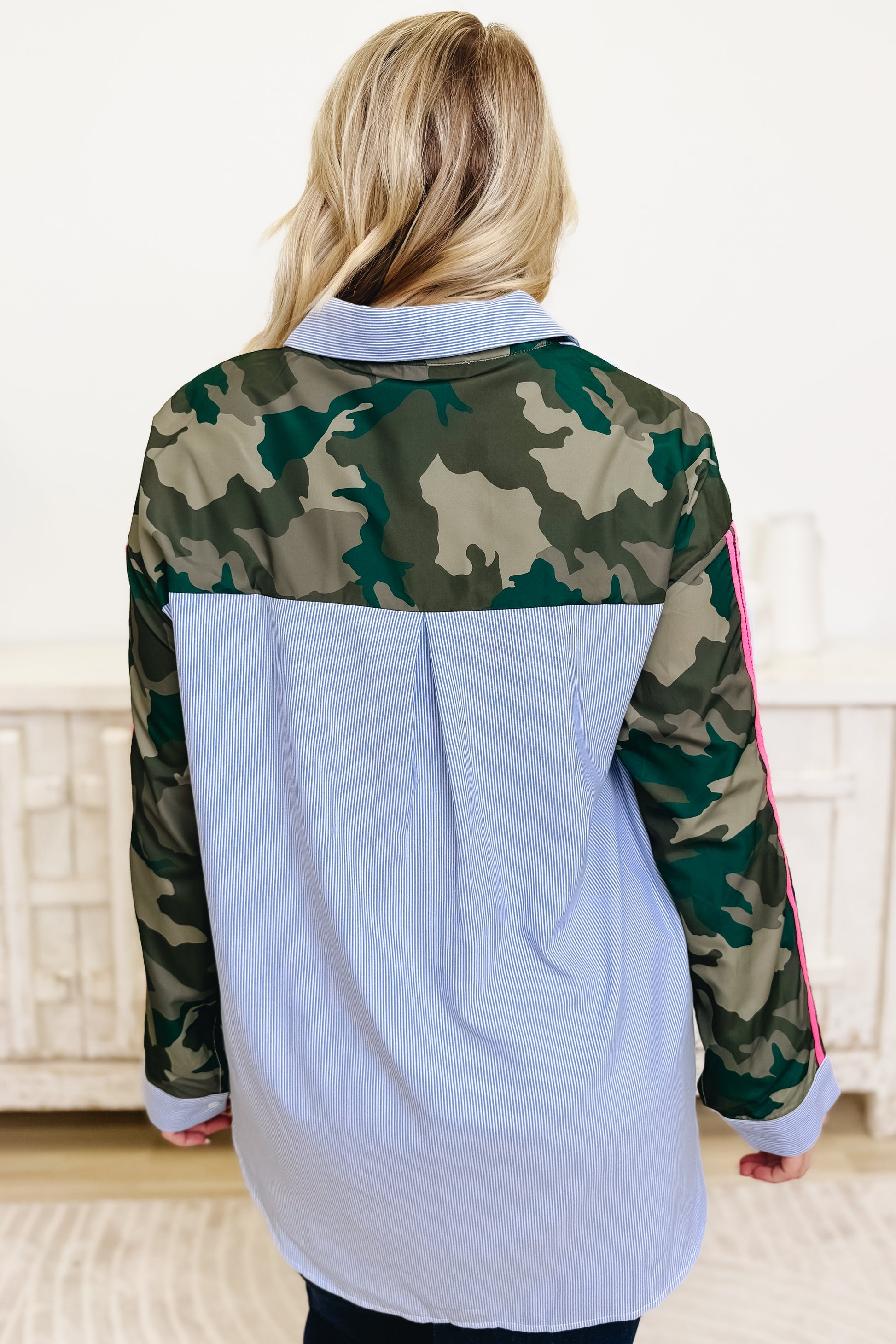 Undercover Vibes Pin Stripe Camo Button Down Top