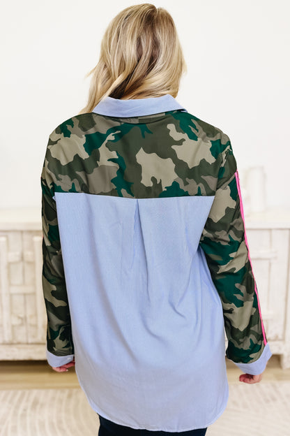 Undercover Vibes Pin Stripe Camo Button Down Top