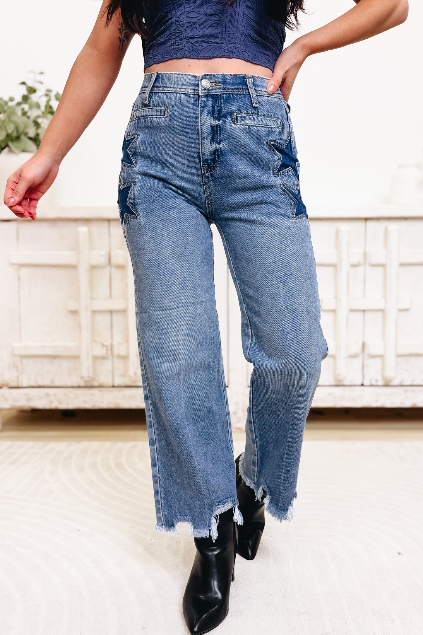 Lucky Star By Saige Denim - High Rise Wide Leg Star Jeans - Medium Light