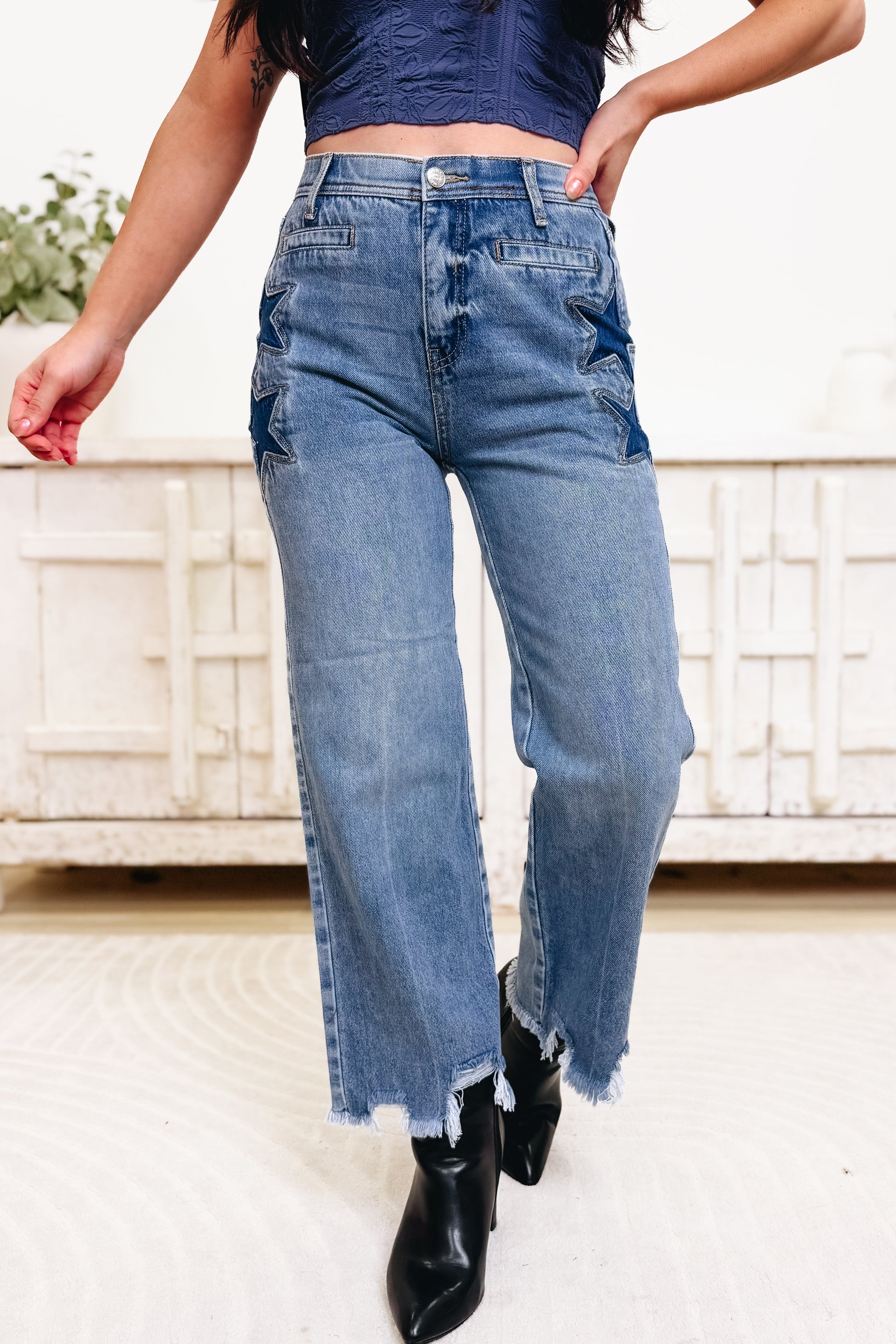 Lucky Star By Saige Denim - High Rise Wide Leg Star Jeans - Medium Light