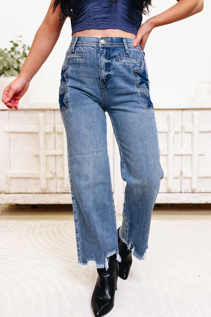 Lucky Star By Saige Denim - High Rise Wide Leg Star Jeans - Medium Light