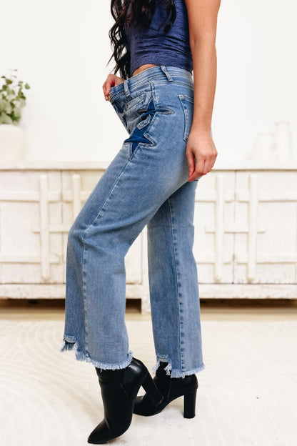 Lucky Star By Saige Denim - High Rise Wide Leg Star Jeans - Medium Light