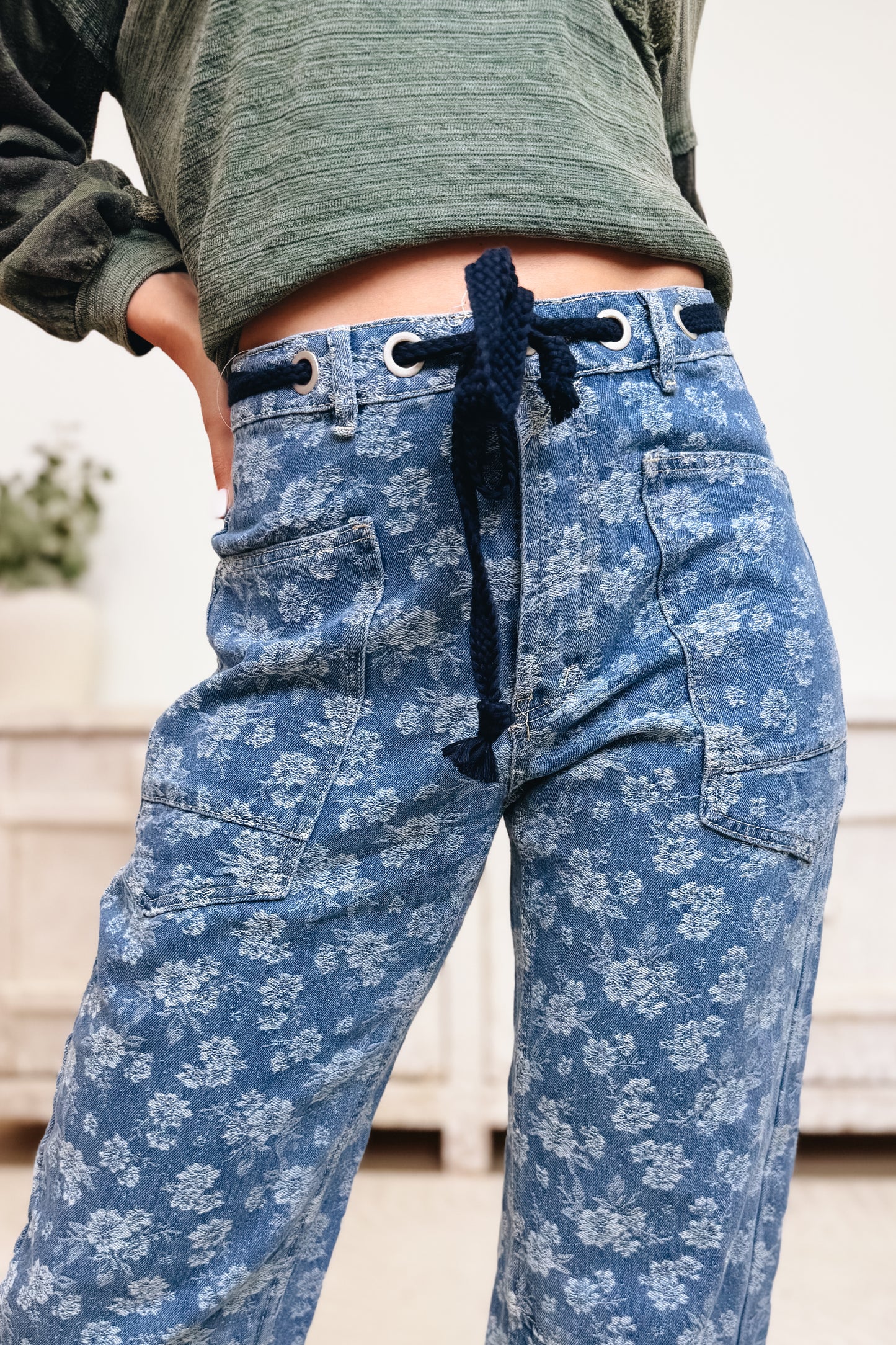 Field Of Dreams Floral Denim Barrel Pants