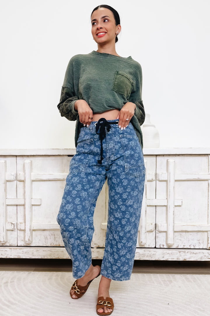 Field Of Dreams Floral Denim Barrel Pants