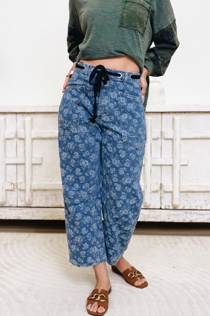 Field Of Dreams Floral Denim Barrel Pants