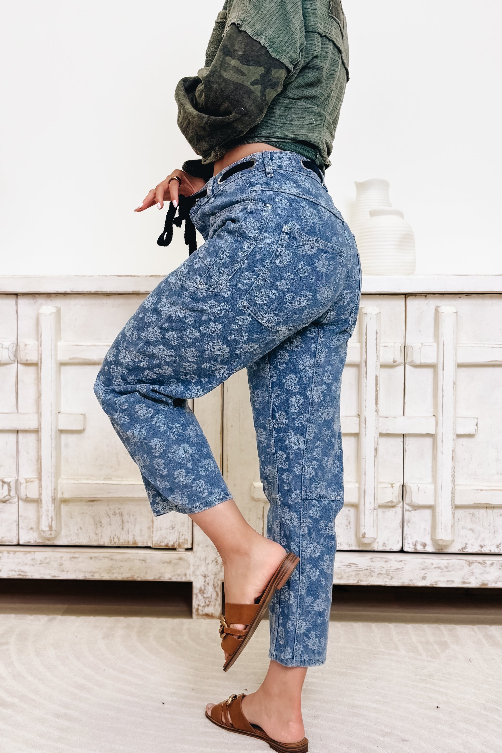 Field Of Dreams Floral Denim Barrel Pants