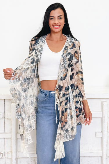 Coming Right Up Lace Leopard Cardigan