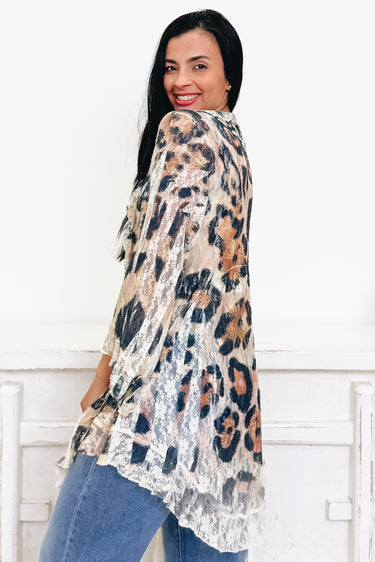 Coming Right Up Lace Leopard Cardigan