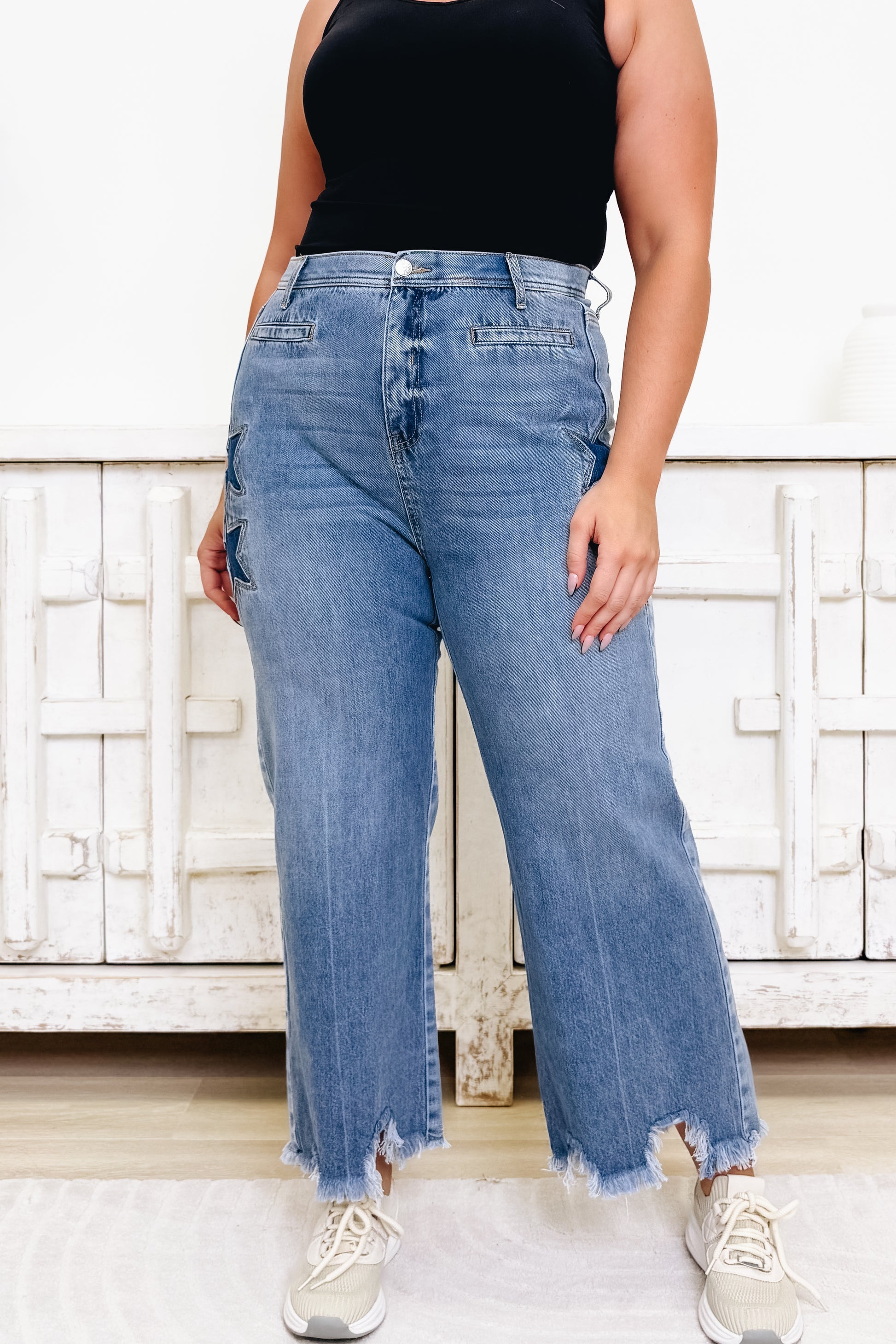 Lucky Star By Saige Denim - High Rise Wide Leg Star Jeans - Medium Light