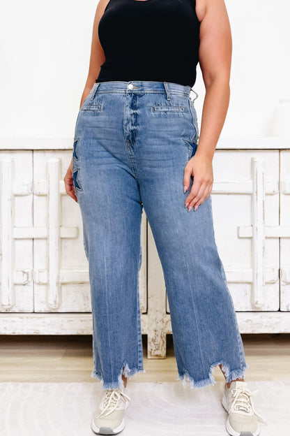 Lucky Star By Saige Denim - High Rise Wide Leg Star Jeans - Medium Light