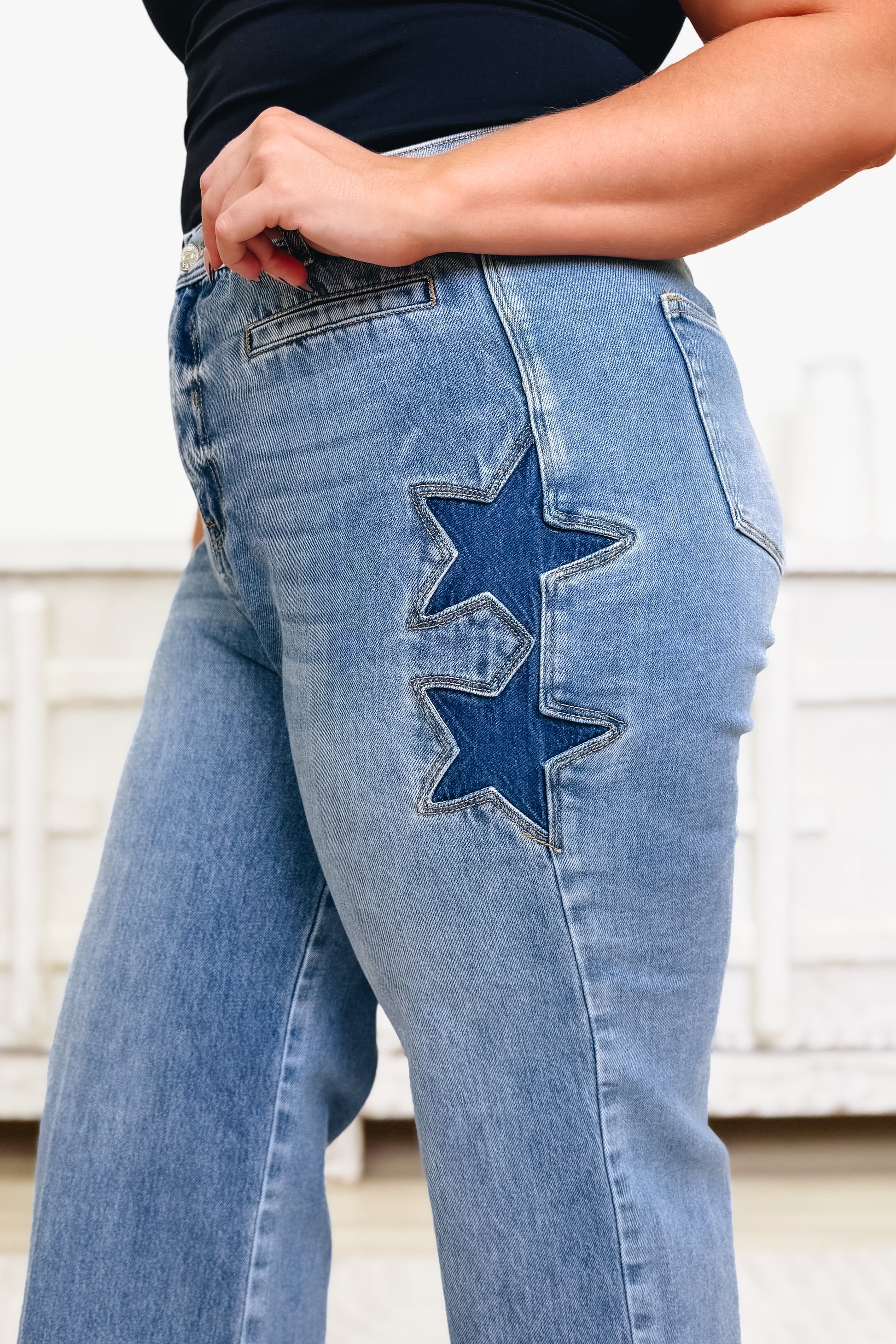Lucky Star By Saige Denim - High Rise Wide Leg Star Jeans - Medium Light