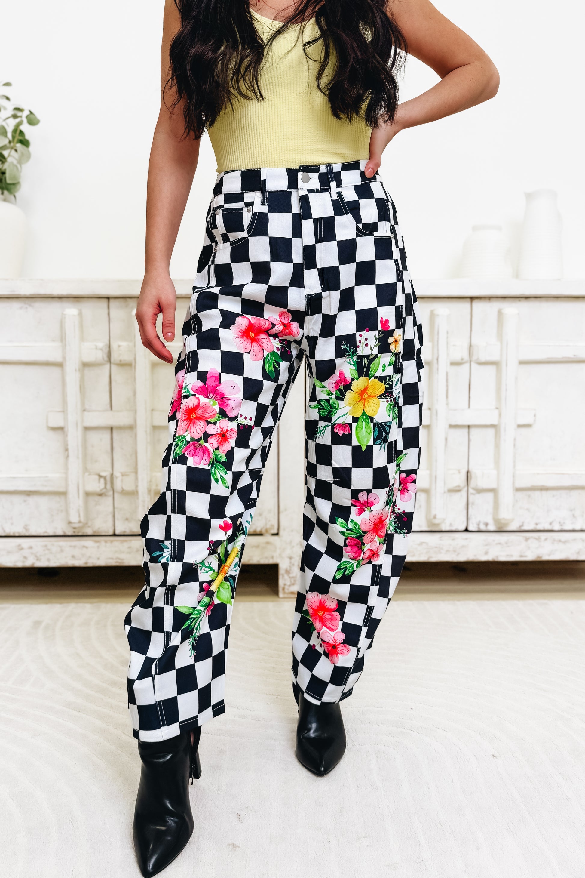 The Statement Check Floral Barrel Pants - Black White