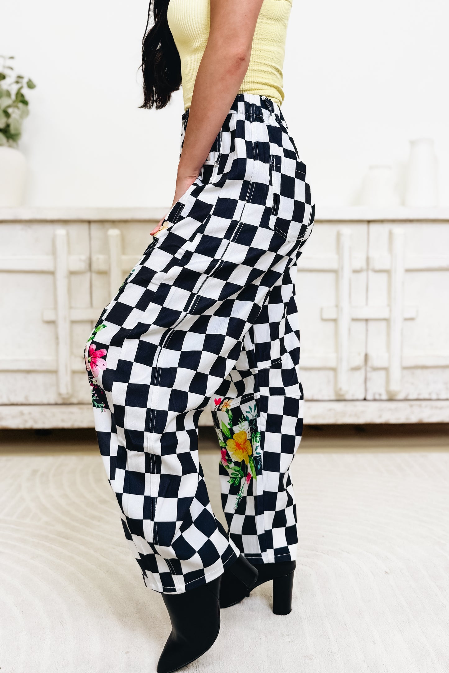 The Statement Check Floral Barrel Pants - Black White