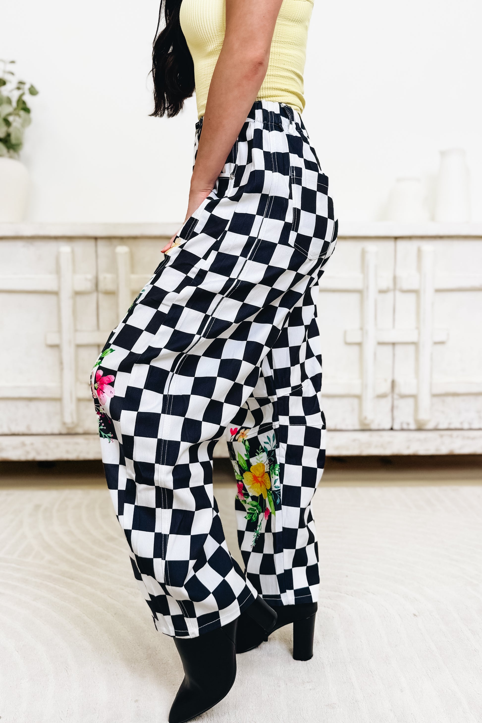 The Statement Check Floral Barrel Pants - Black White