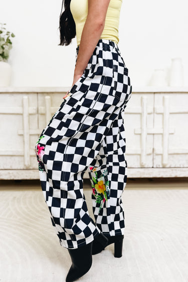The Statement Check Floral Barrel Pants - Black White