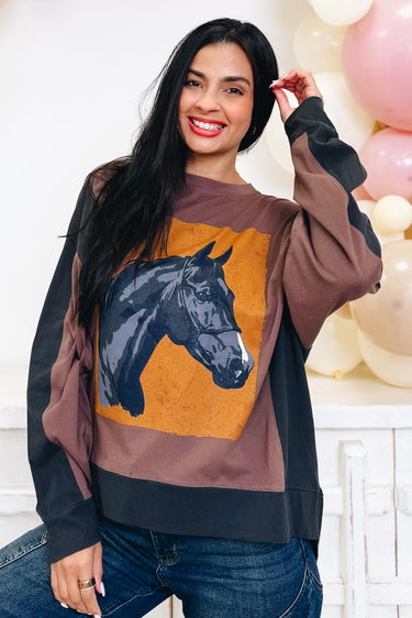 Vintage Horse Artwork Graphic Oversized Pullover - 2 Colors!