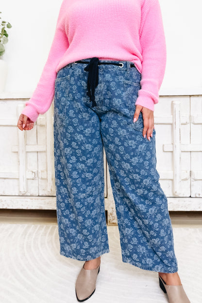 Field Of Dreams Floral Denim Barrel Pants