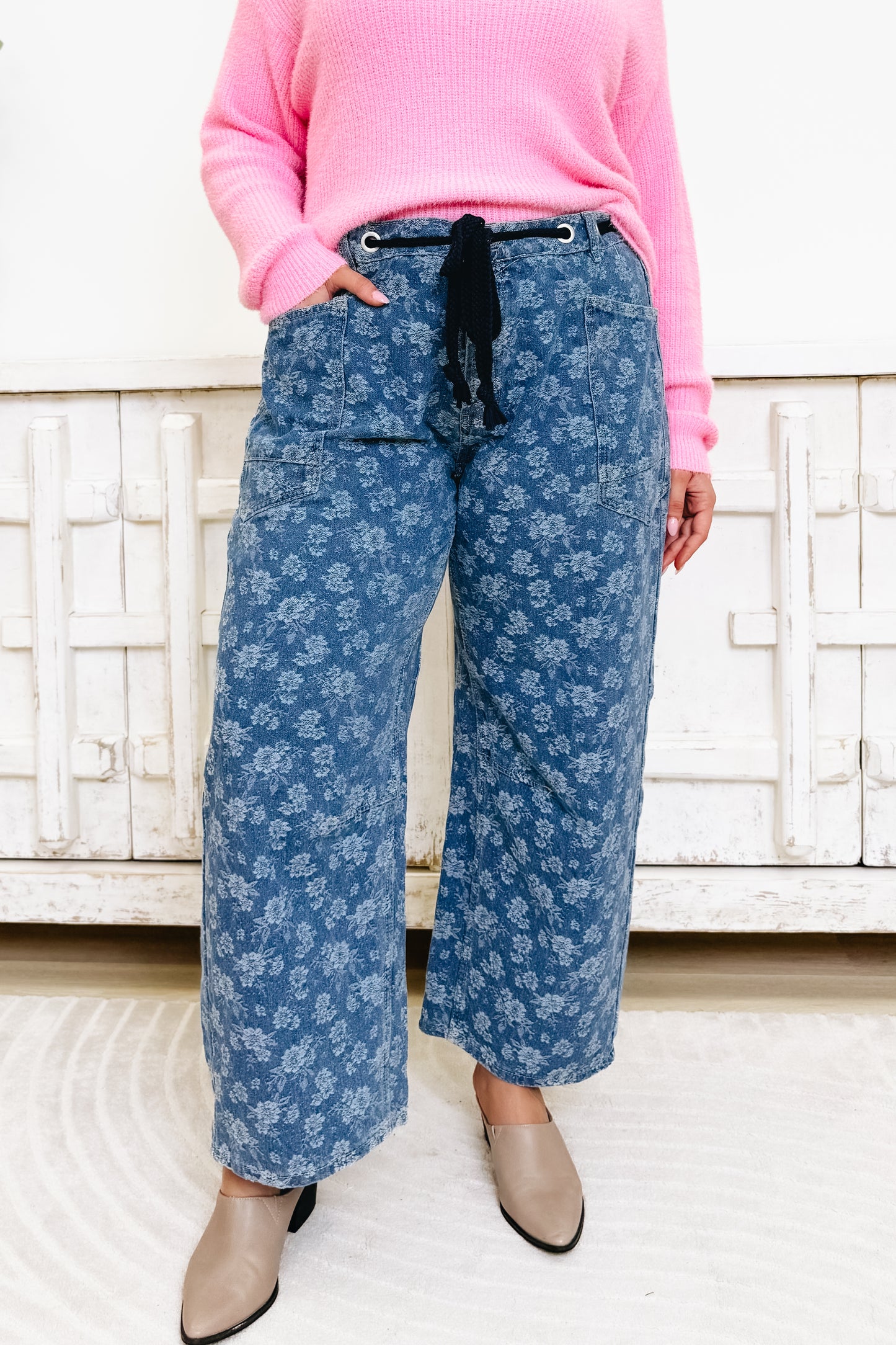 Field Of Dreams Floral Denim Barrel Pants