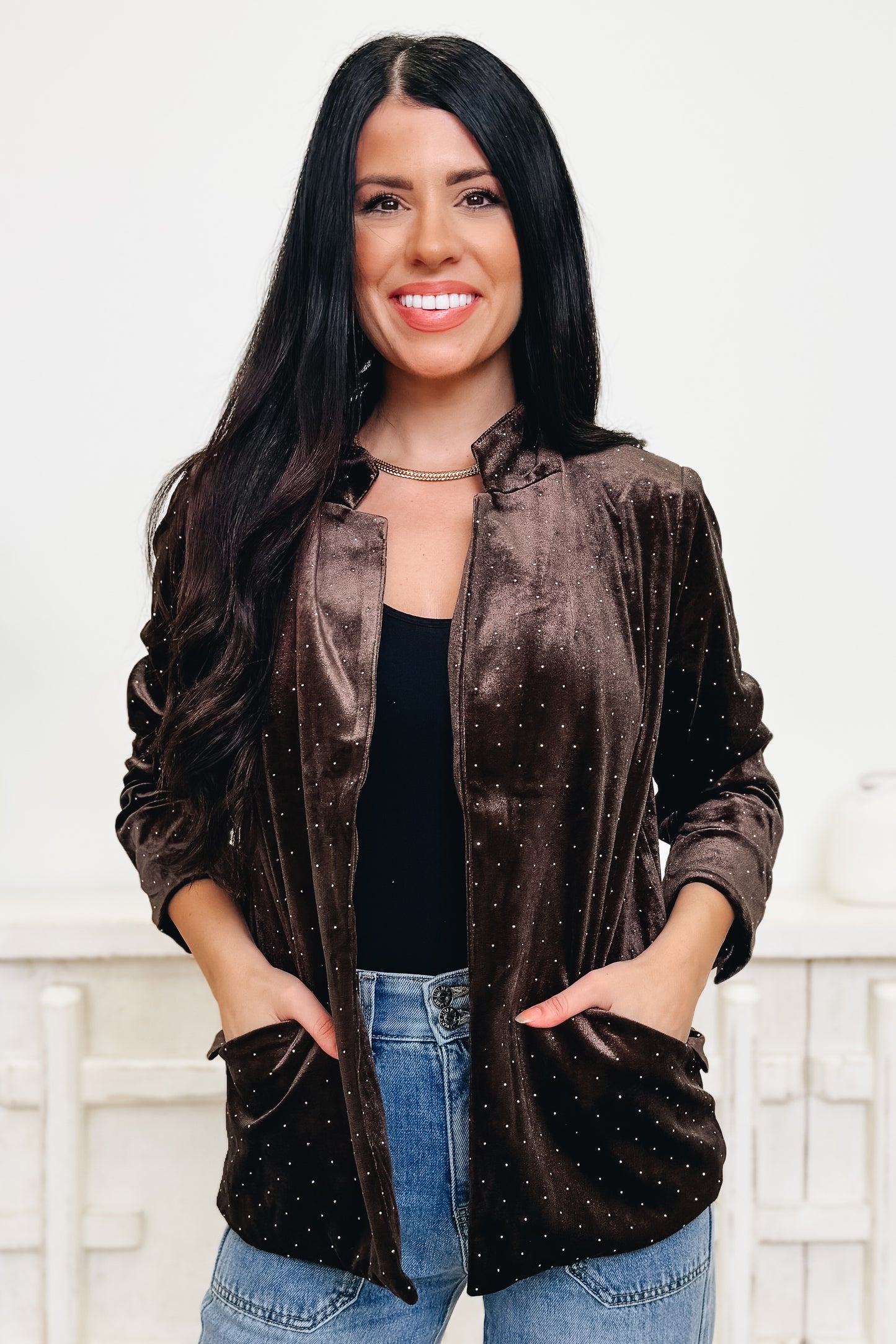 Be So Sparkly Rhinestone Velvet Blazer