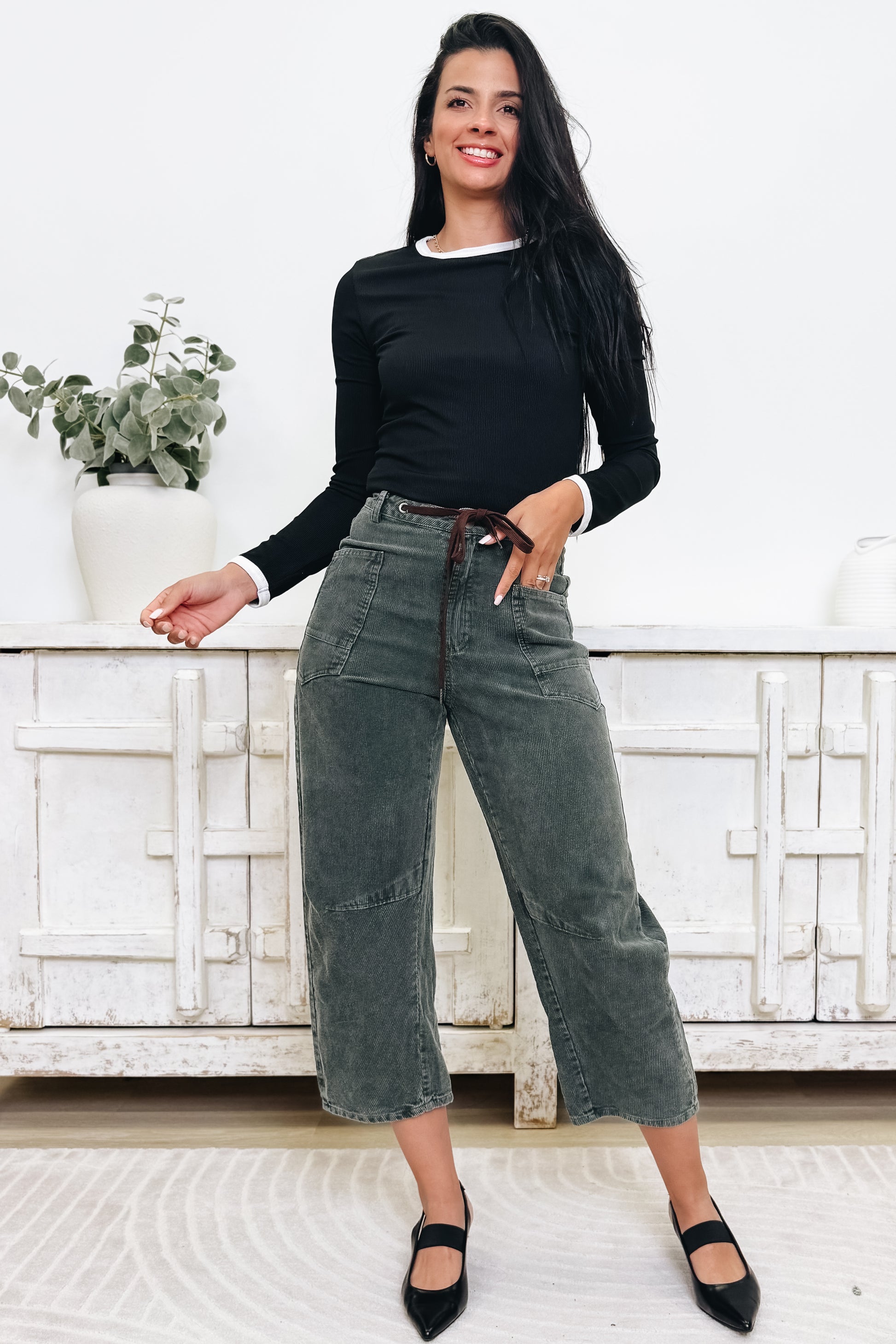 EverEase Mid Rise Washed Corduroy Barrel Jeans - Olive