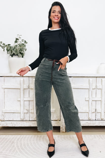 EverEase Mid Rise Washed Corduroy Barrel Jeans - Olive