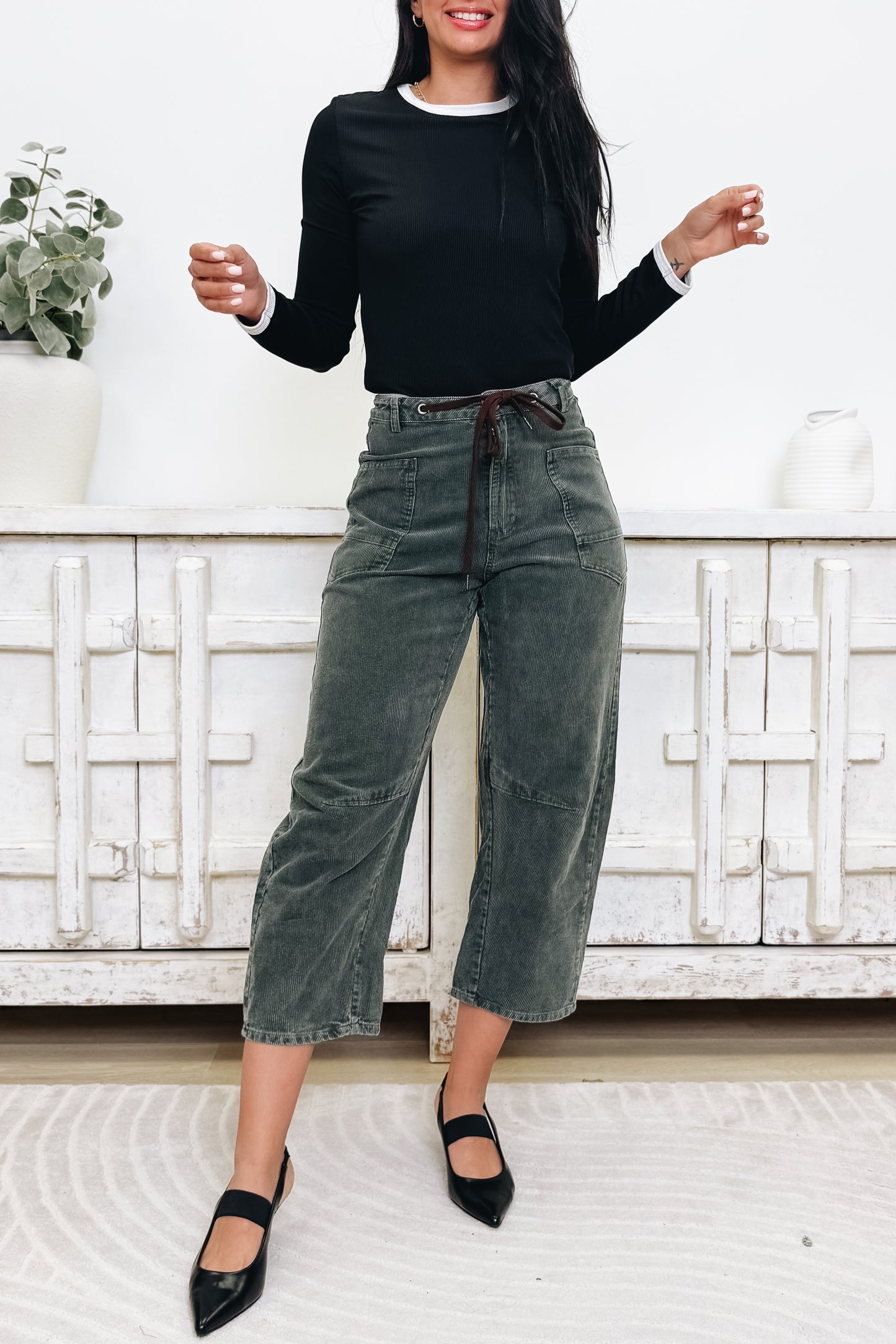 EverEase Mid Rise Washed Corduroy Barrel Jeans - Olive