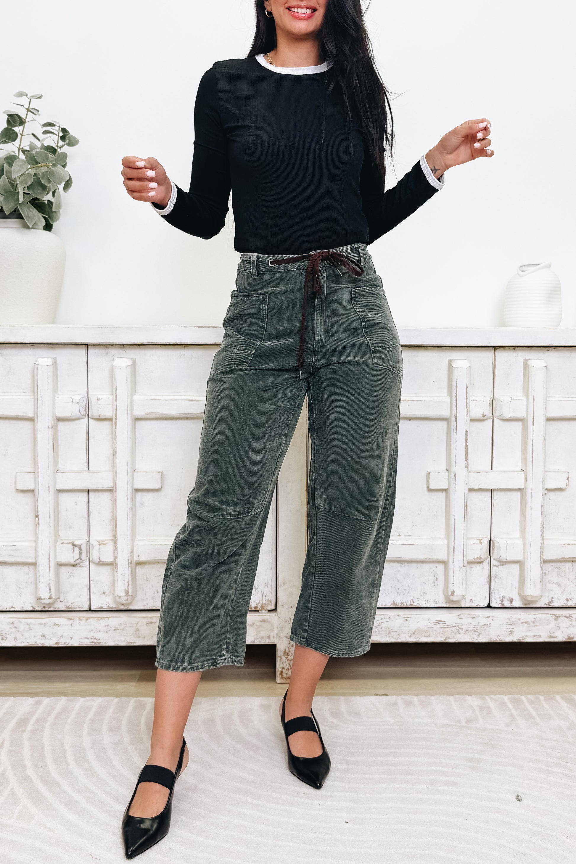 EverEase Mid Rise Washed Corduroy Barrel Jeans - Olive