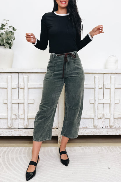 EverEase Mid Rise Washed Corduroy Barrel Jeans - Olive