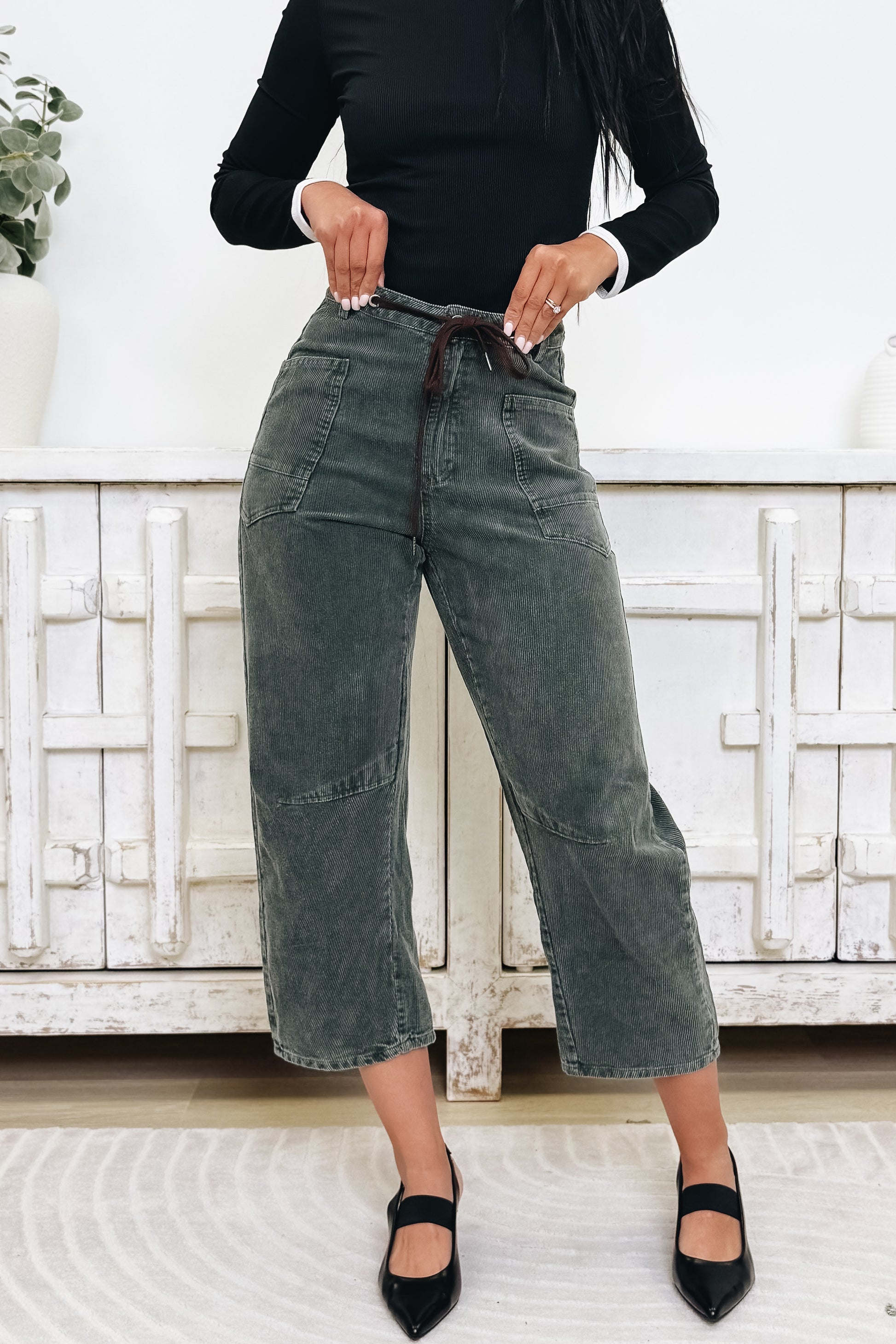 EverEase Mid Rise Washed Corduroy Barrel Jeans - Olive