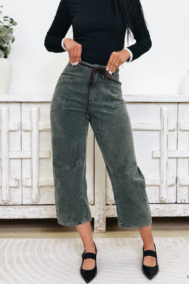 EverEase Mid Rise Washed Corduroy Barrel Jeans - Olive