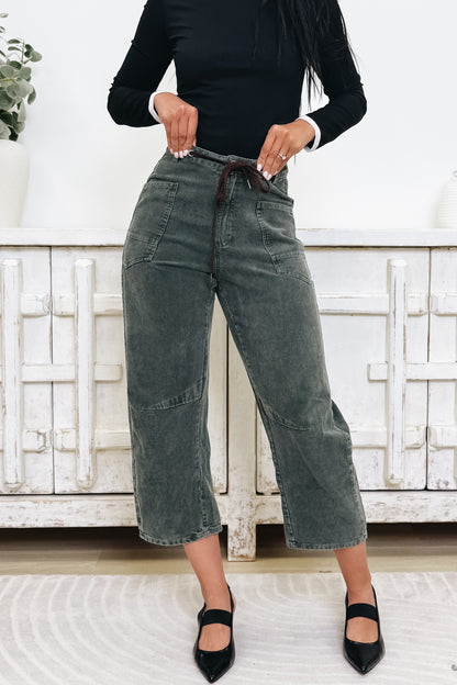 EverEase Mid Rise Washed Corduroy Barrel Jeans - Olive