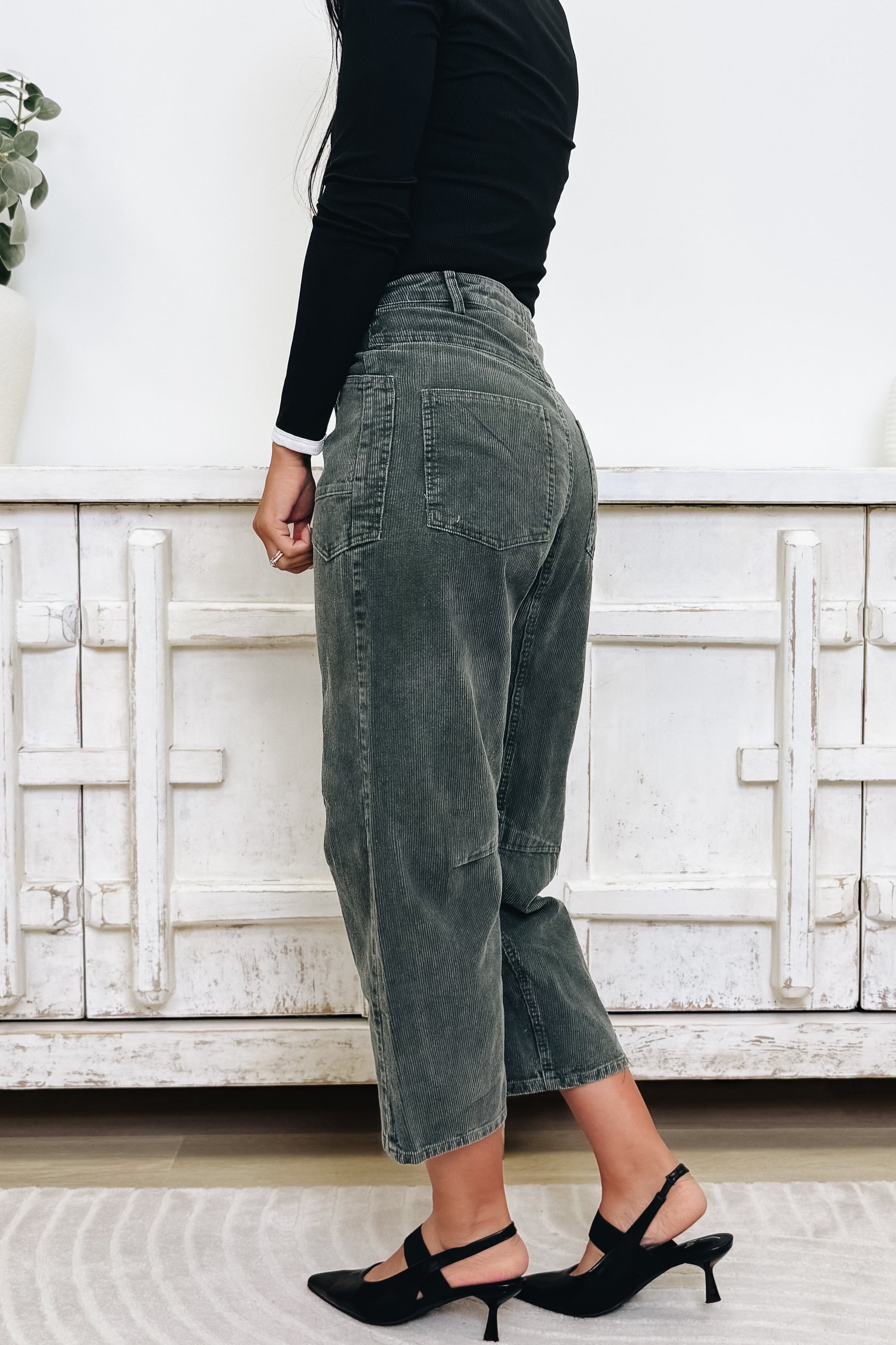 EverEase Mid Rise Washed Corduroy Barrel Jeans - Olive