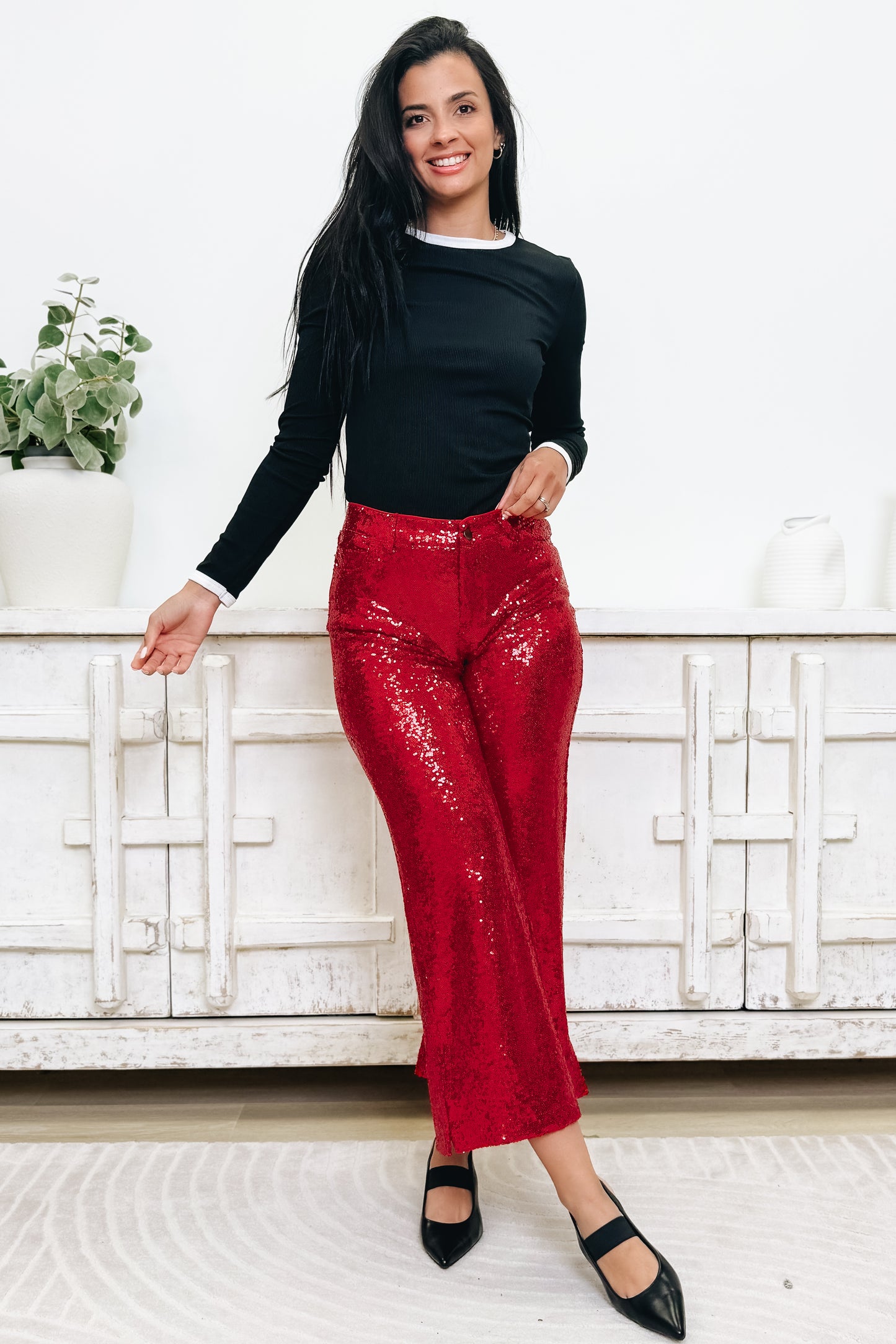 Tis' The Season Mid Rise Flare Pants - Red