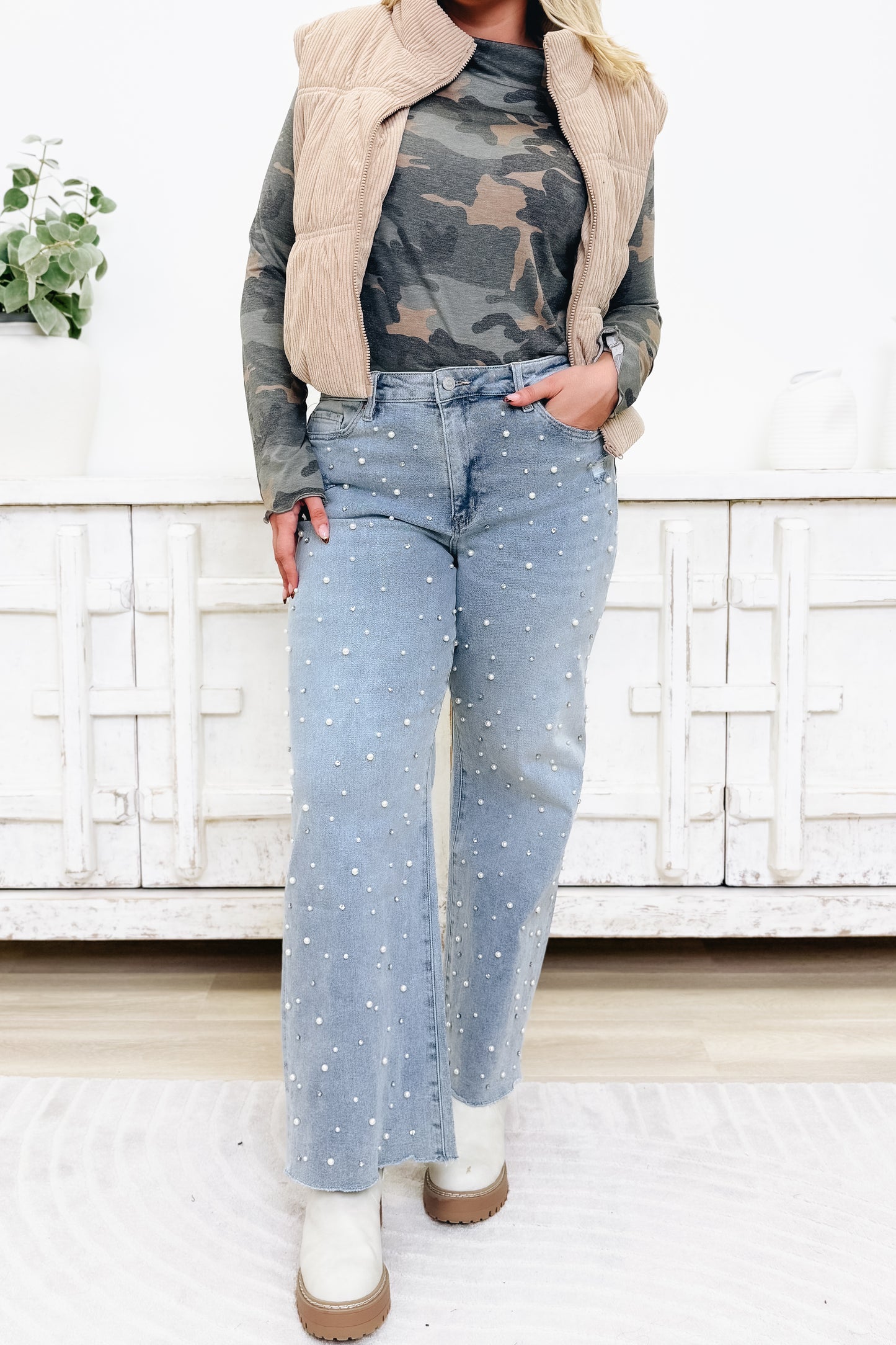 Glow Getter By Mica - High Rise Embellished Wide Leg Jeans- Grizzlies Blue