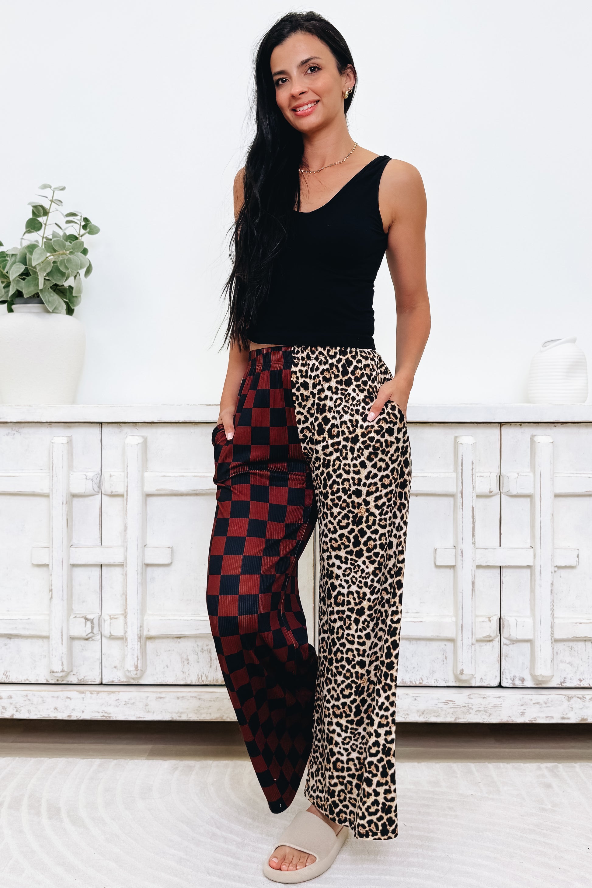 Split Decision Leopard Checkered Pants - Mocha