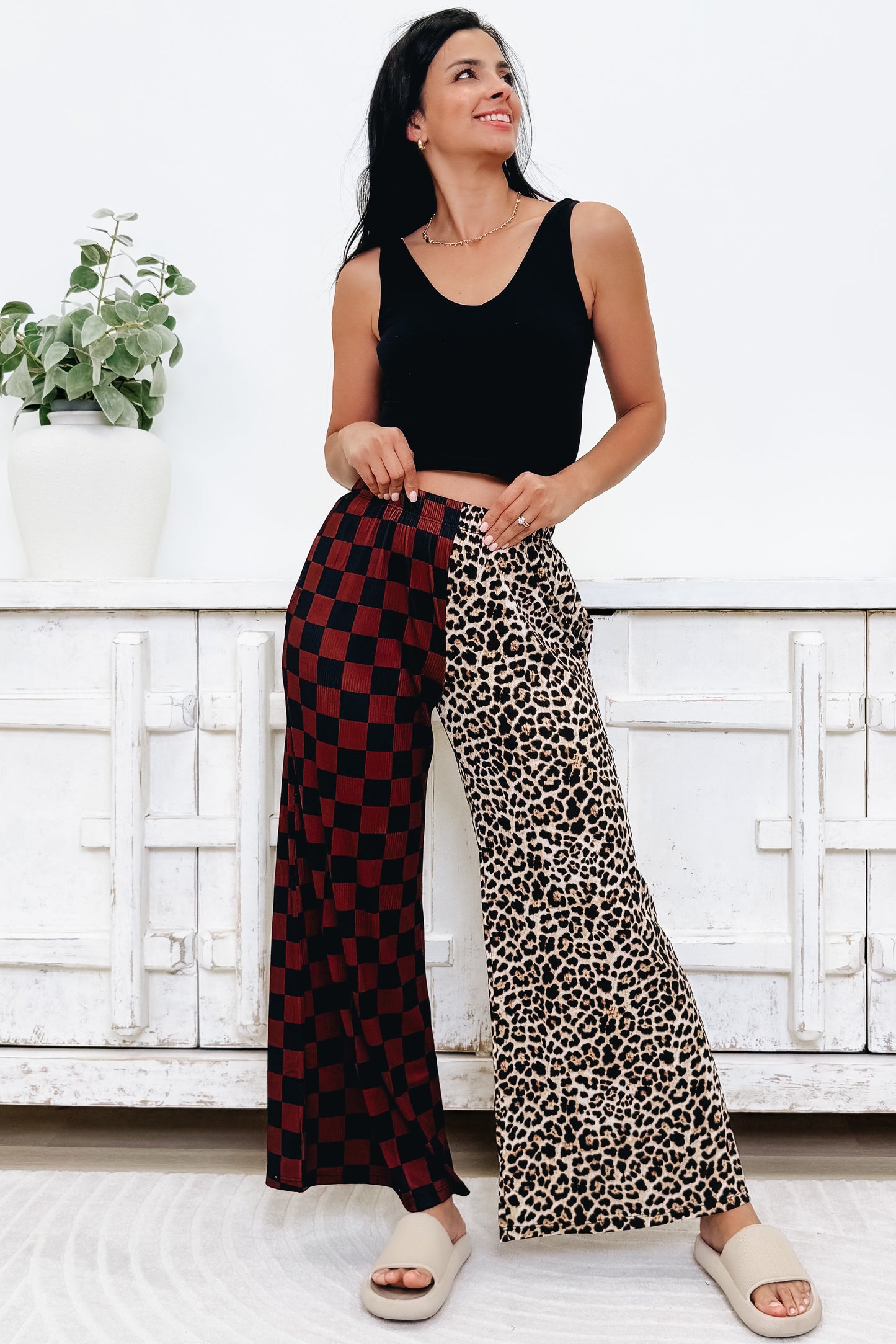 Split Decision Leopard Checkered Pants - Mocha