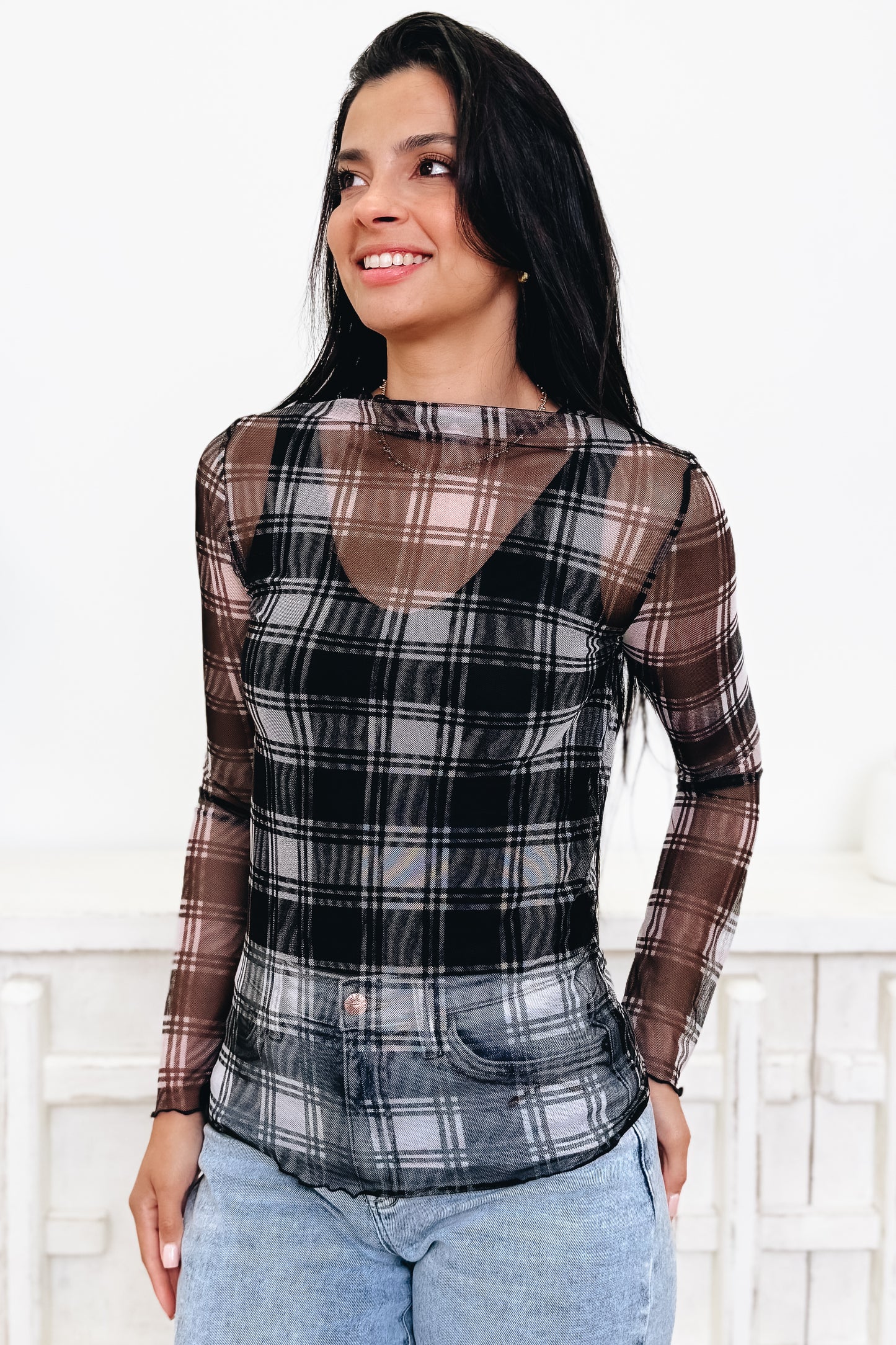 Edge Of Plaid Mesh Top - 3 Colors!