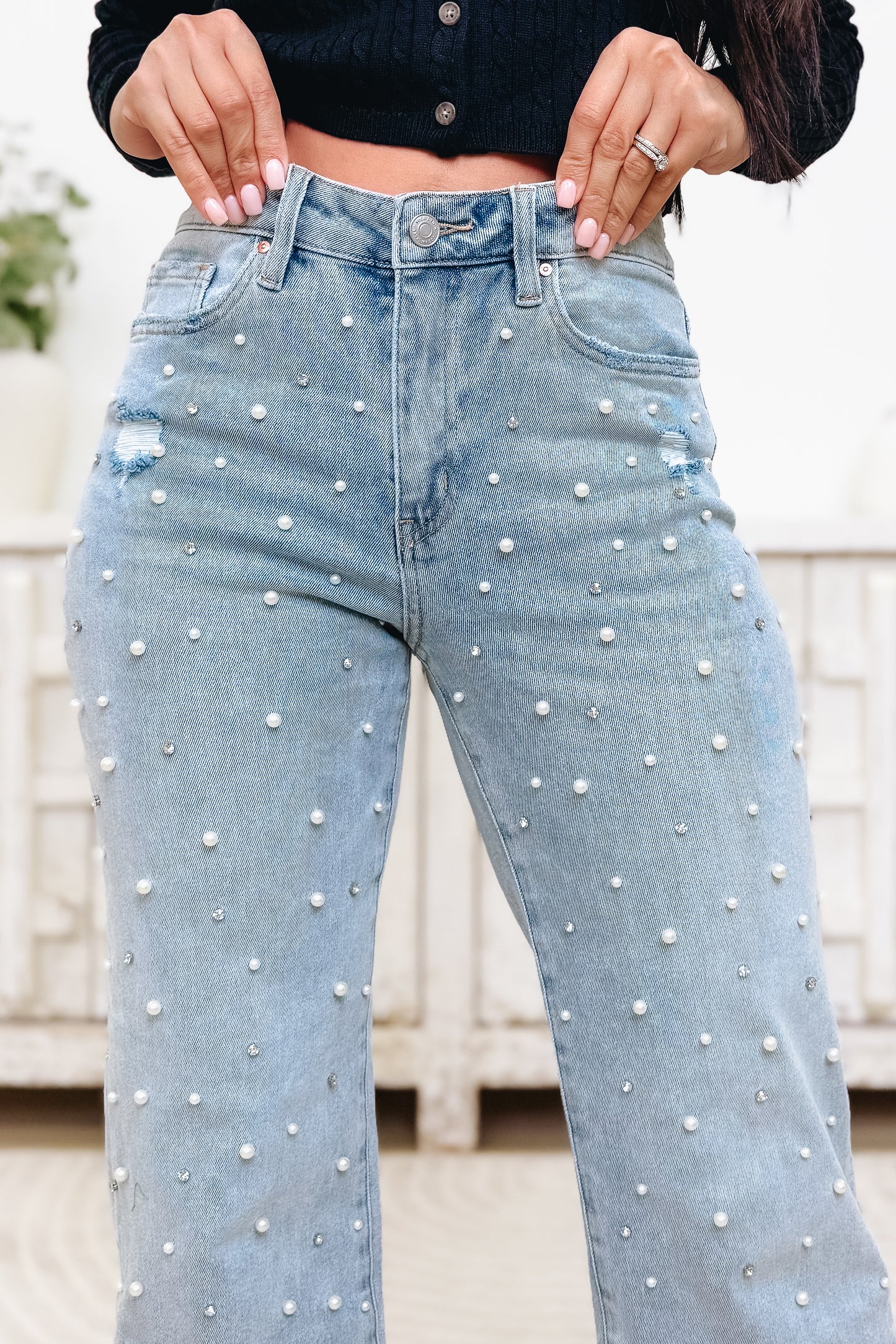 Glow Getter By Mica - High Rise Embellished Wide Leg Jeans- Grizzlies Blue