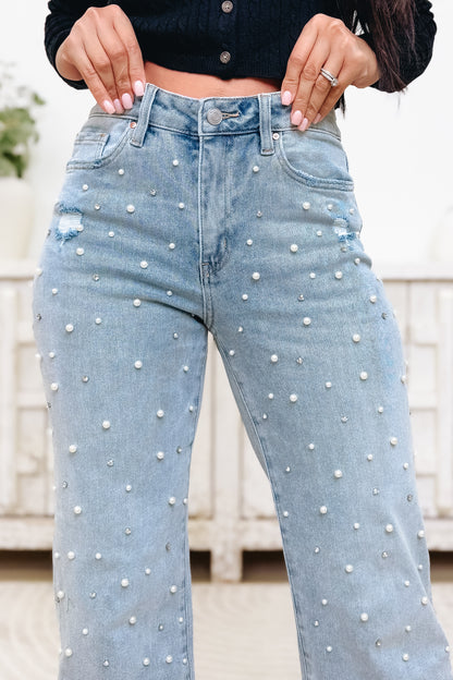 Glow Getter By Mica - High Rise Embellished Wide Leg Jeans- Grizzlies Blue