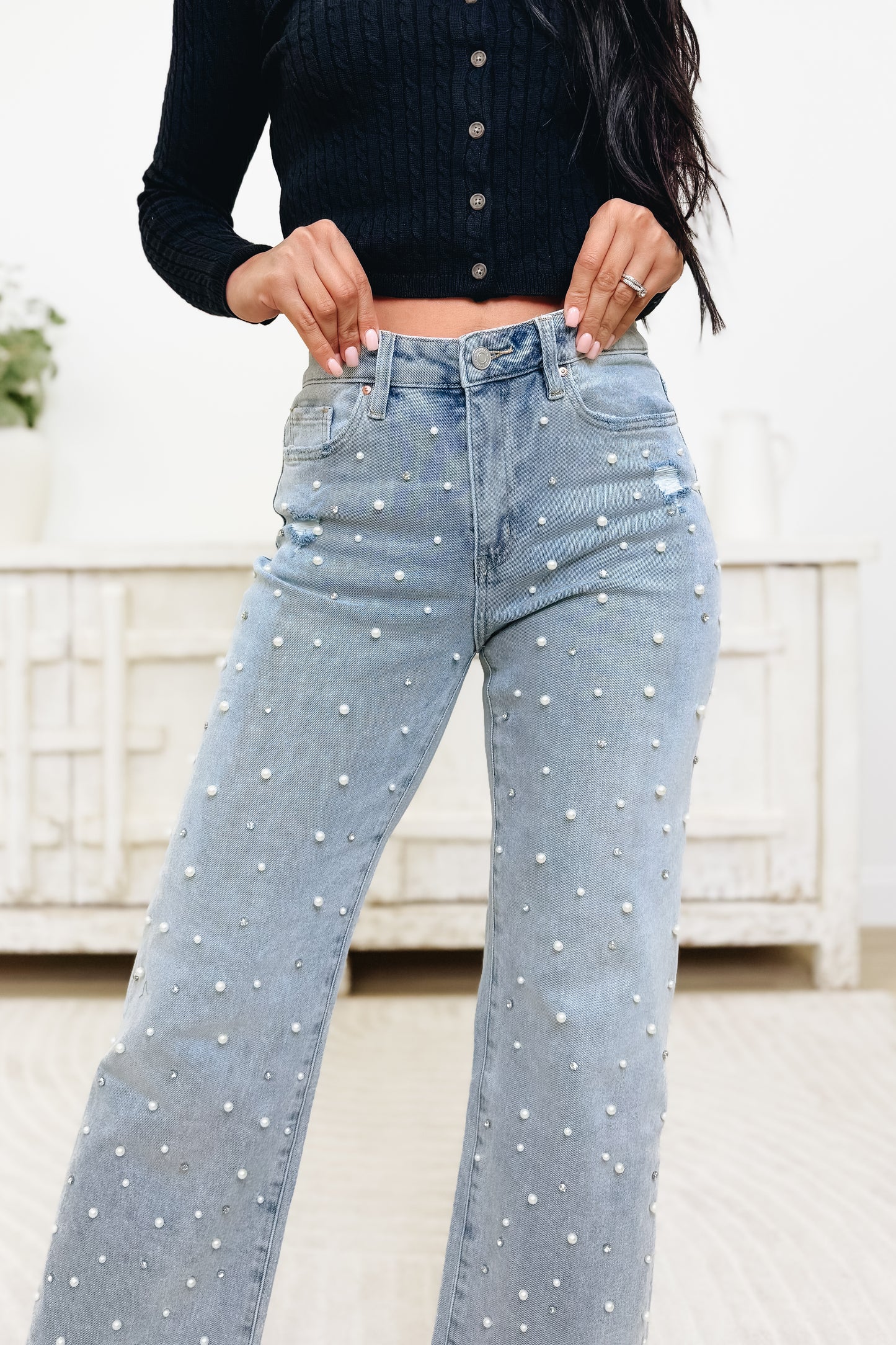 Glow Getter By Mica - High Rise Embellished Wide Leg Jeans- Grizzlies Blue