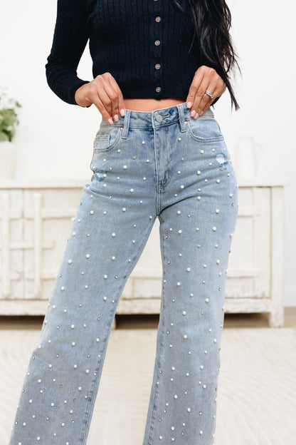 Glow Getter By Mica - High Rise Embellished Wide Leg Jeans- Grizzlies Blue