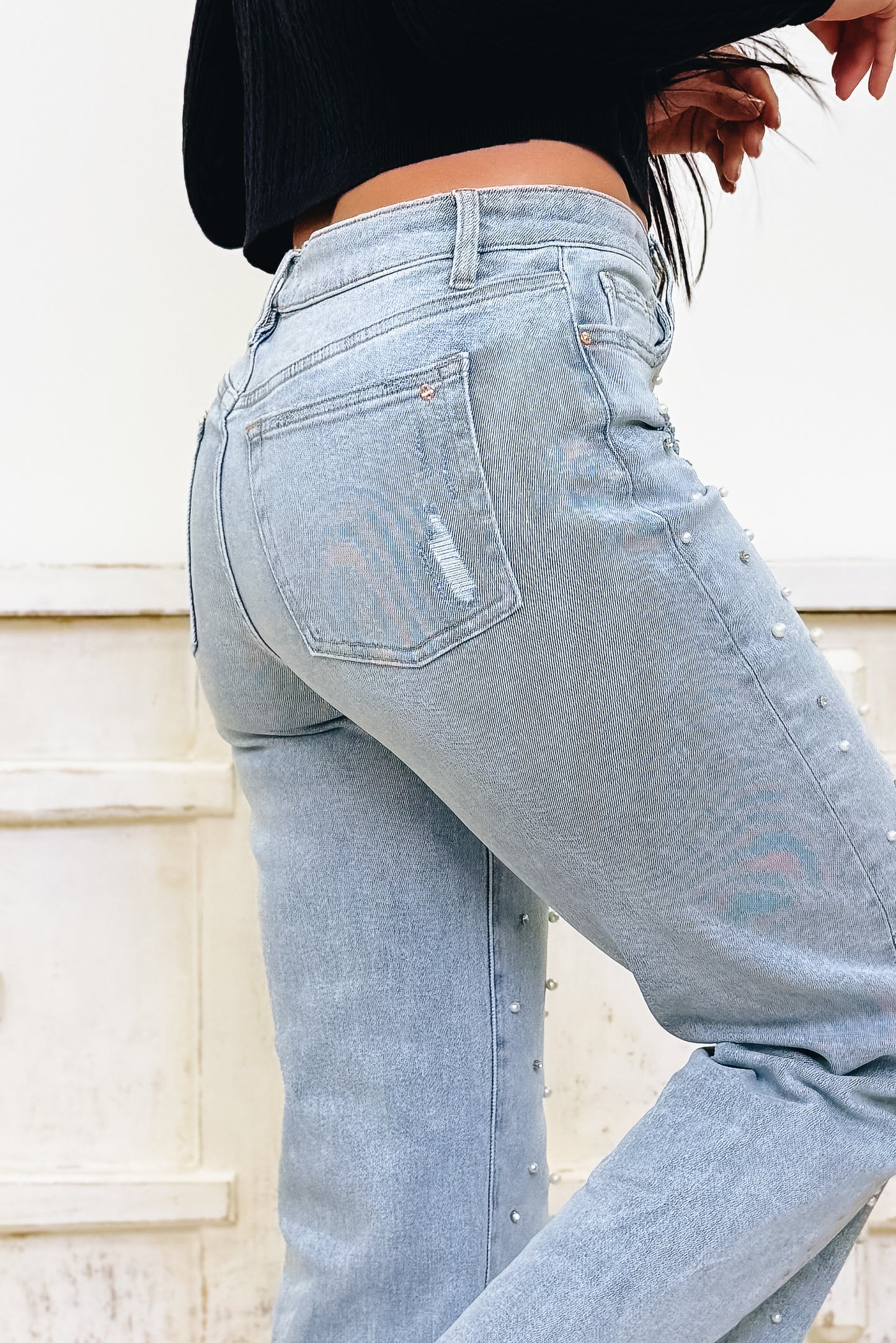 Glow Getter By Mica - High Rise Embellished Wide Leg Jeans- Grizzlies Blue