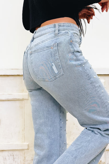 Glow Getter By Mica - High Rise Embellished Wide Leg Jeans- Grizzlies Blue